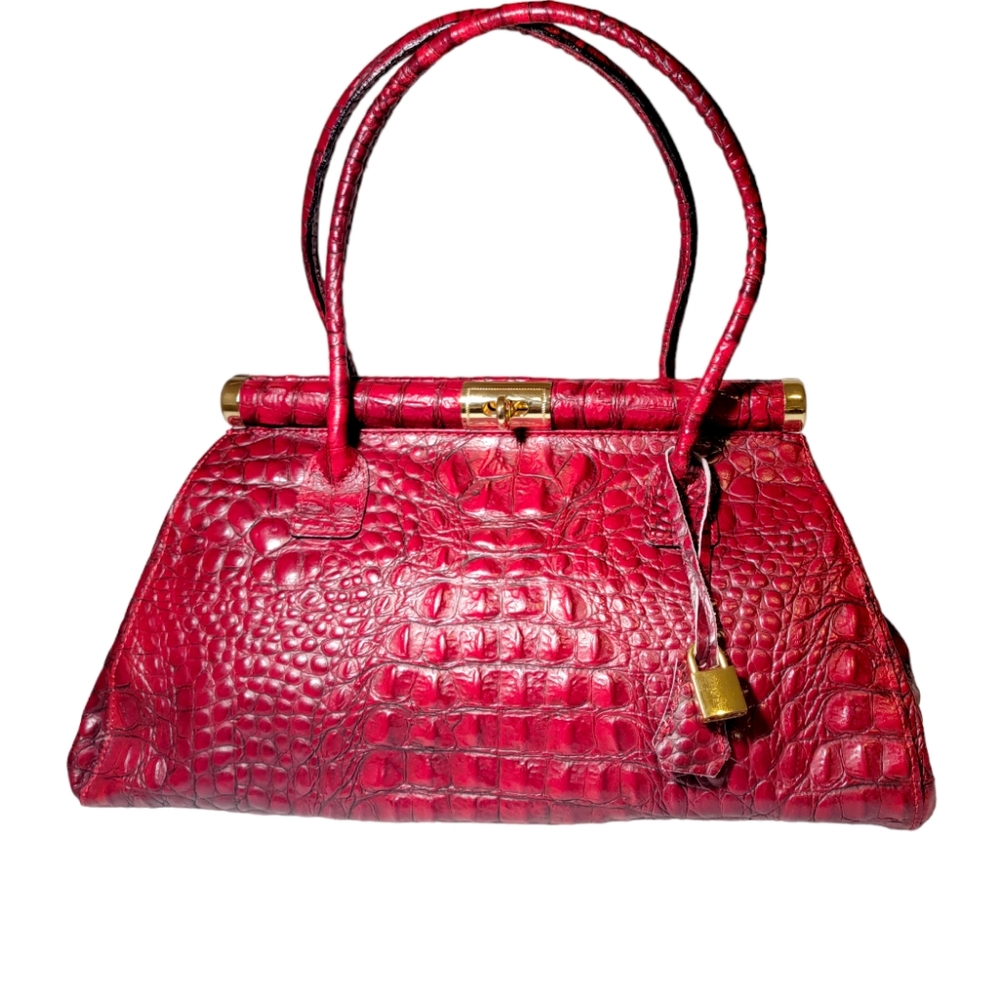 🔐BORSE IN PELLE CROCODILE  EMBOSSED RED LEATHER SATCHEL HANDBAG W LOCK&KEY
